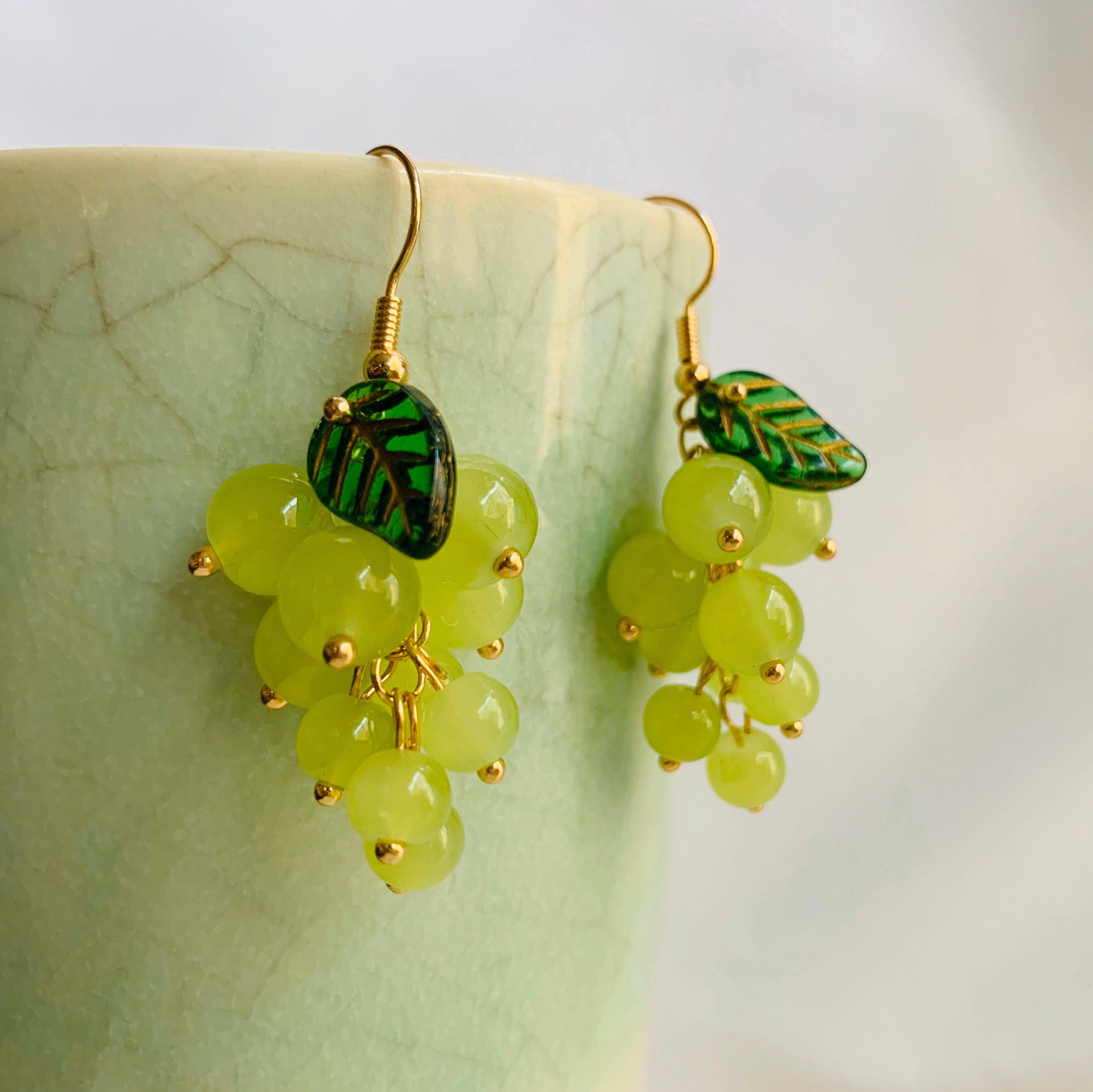 Green Beaded Grapes With Glass Leaves Hooked Dangled Earrings