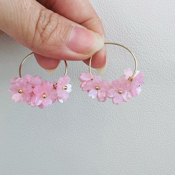 Pink or White Cherry Blossom Sakura Flower 14K Gold Plated Hoop Earrings, Handmade Earrings, Ear Hoops, Bridal Earrings, Kawaii Earrings