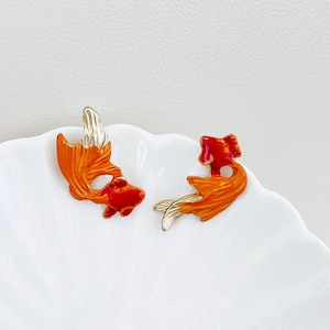 Enamel Orange-Red Goldfish Koi Asymmetrical Studded Earrings, Handmade Earrings Ear Studs, Gift for Her, Lucky Fish Earrings, Fish Earrings
