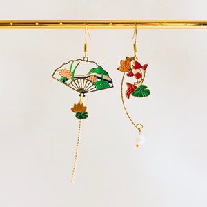 Enamel Koi Fish Lotus Flowers and Leaves Japanese Fan Asymmetrical Dangled Drop Earrings, Handmade Earrings, Buddhism Zen Earrings