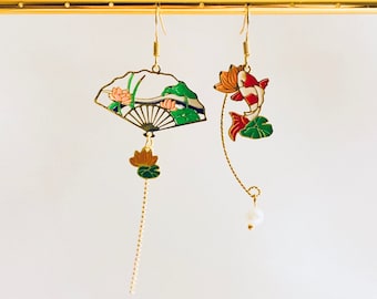 Enamel Koi Fish Lotus Flowers and Leaves Japanese Fan Asymmetrical Dangled Drop Earrings, Handmade Earrings, Buddhism Zen Earrings