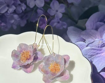 Pressed Real Purple Flower Hoop Dangled Earrings, Handmade Earrings, Gift For Her, Romantic Floral Earrings, Statement Earrings