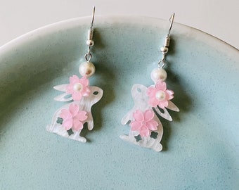 Cute Acetate Bunny Rabbits with Pink Cherry Blossom  Sakura Flower Dangled Drop Earrings, Handmade Earrings, Bunny Earrings, Easter Earrings