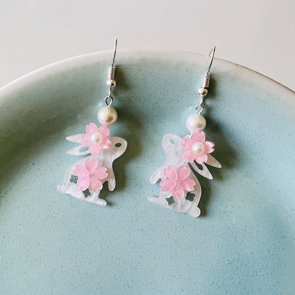 Cute Acetate Bunny Rabbits with Pink Cherry Blossom  Sakura Flower Dangled Drop Earrings, Handmade Earrings, Bunny Earrings, Easter Earrings