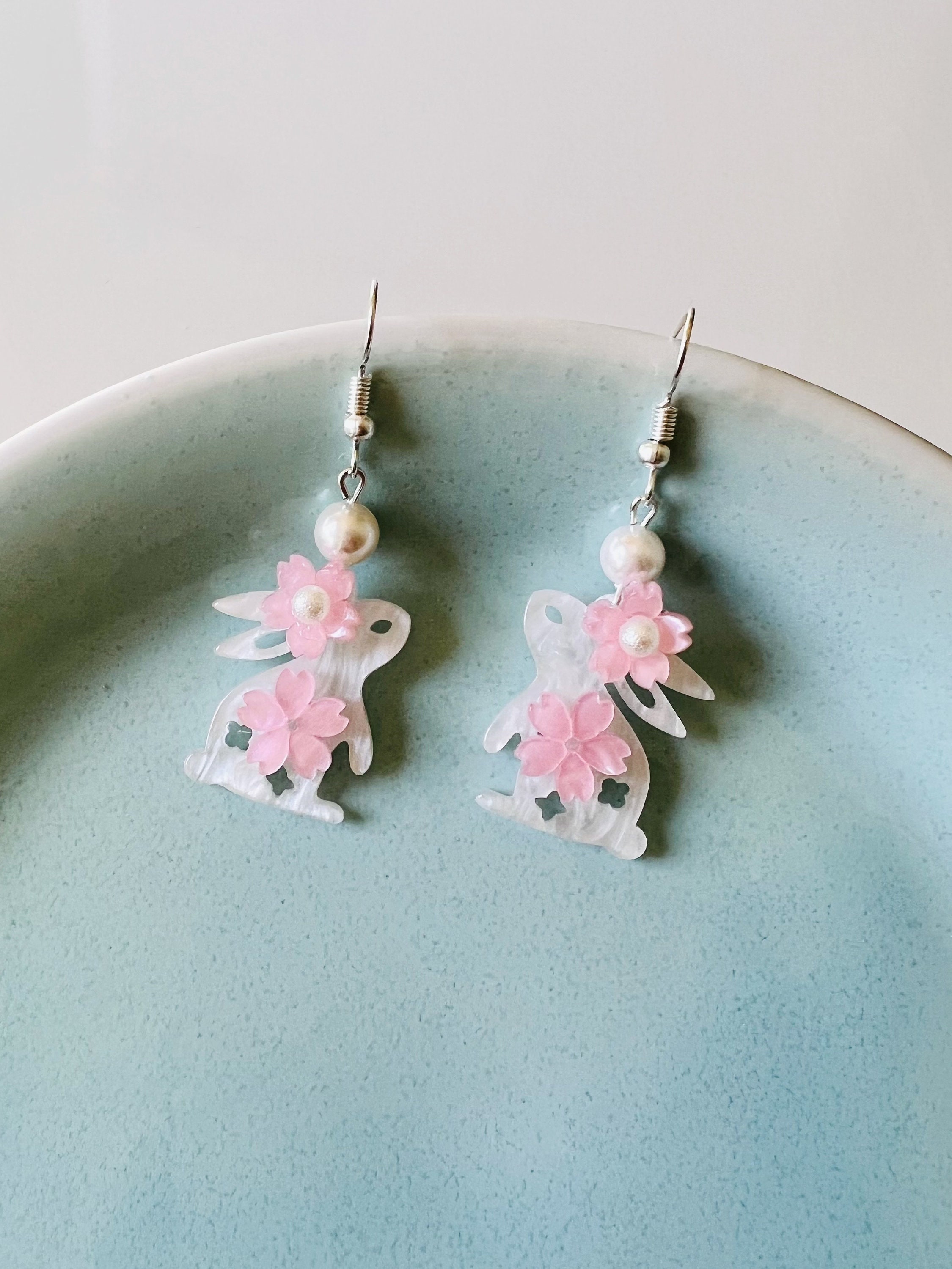 Cute Acetate Bunny Rabbits with Pink Cherry Blossom  Sakura Flower Dangled Drop Earrings, Handmade Earrings, Bunny Earrings, Easter Earrings