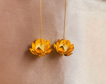 Golden Lotus Flowers with White Jade Seedpod, Gold Plated Threader Earrings, Zen Gift, Handmade Ear Threaders