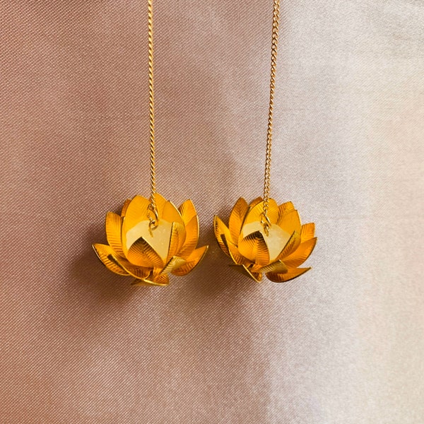 Golden Lotus Flowers with White Jade Seedpod, Gold Plated Threader Earrings, Zen Gift, Handmade Ear Threaders