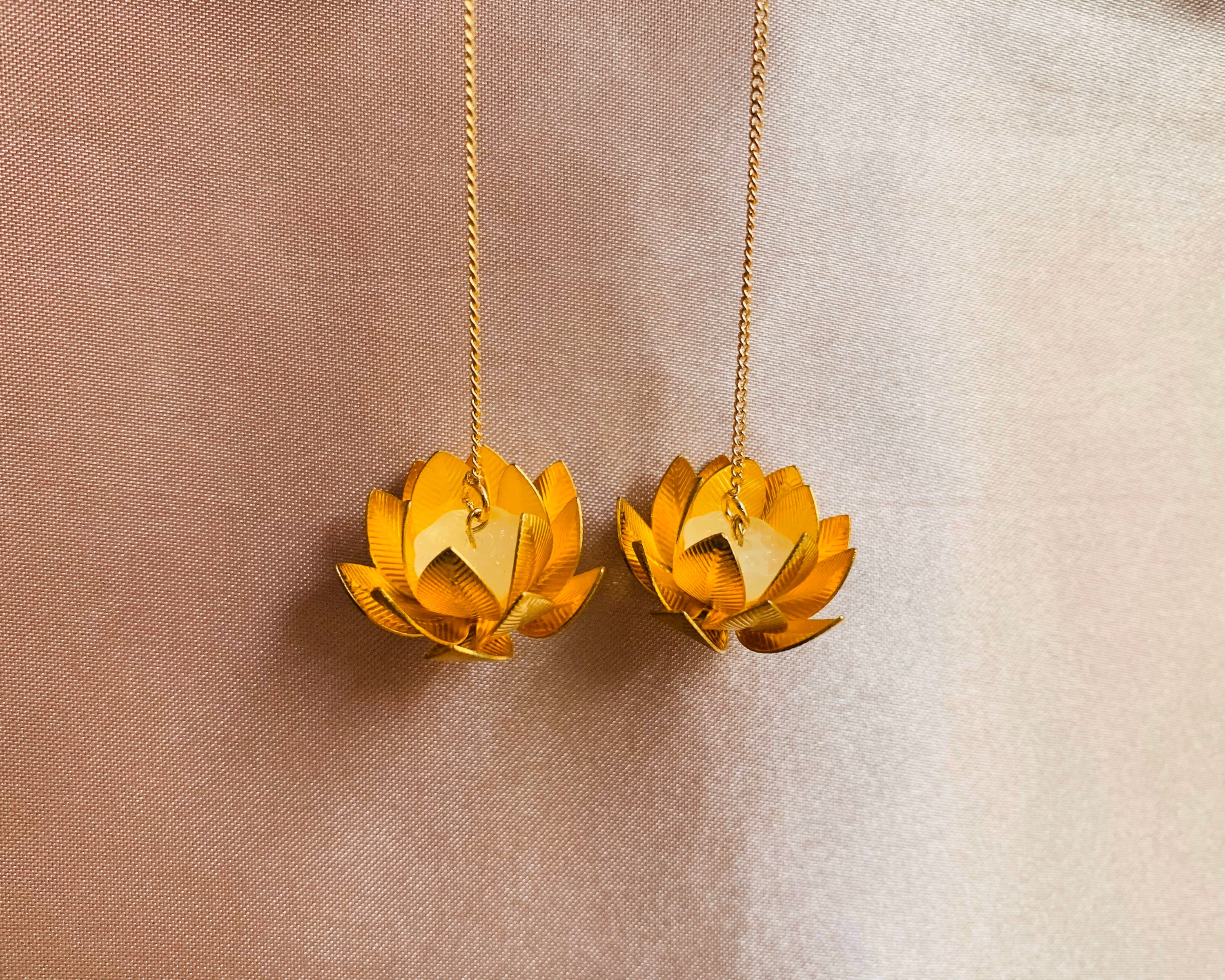 Golden Lotus Flowers with White Jade Seedpod, Gold Plated Threader Earrings, Zen Gift, Handmade Ear Threaders