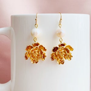 Elegant Gold Peony Flowers with Cultured Fresh Water Pearls Dangled Drop Earrings Jewelry, Handmade Earrings, Gift for Her