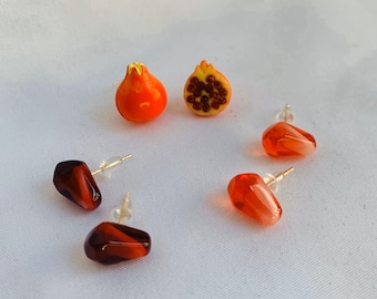 Red Pomegranate Fruit/Seeds Miniature S925 Stud Earrings, Fruit Lover Gift, Handmade Ear Studs for Fruit Lovers