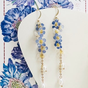 Blue White Ombré “Forgot Me Not” Flowers with Natural Pearl Drops Long Dangling Earrings, Handmade Earrings, Bridal Earrings, Something Blue