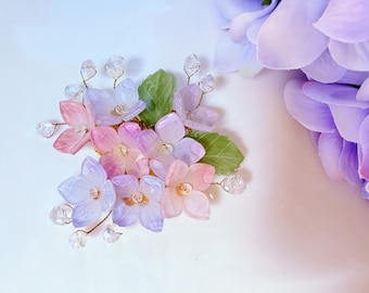 Fermaglio per capelli a forma di fiore di ortensia viola sfumato con cristalli, fermaglio floreale in plastica termoretraibile fatto a mano, clip a coccodrillo, romantico accessorio botanico per capelli