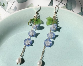 Blue Morning Glory Convolvulus Bell Flowers with Vines Leaves Fresh Water Pearl Drops Long Dangled Earrings, Handmade Earrings, Gift For Her