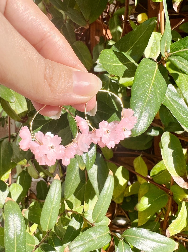 Pink or White Cherry Blossom Sakura Flower 14K Gold Plated Hoop Earrings, Handmade Earrings, Ear Hoops, Bridal Earrings, Kawaii Earrings Pink
