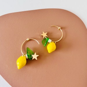 Cute Dainty Yellow Lemon with Green Leaves Hoop Earrings, Handmade Earrings, Ear Hoops, Gift for Her