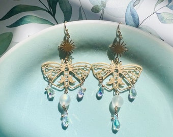 Moth Butterfly with Aurora Crystals Drop Dangling Statement Earrings, Handmade Earrings, Gift For Her, Moth Earrings, Suncatcher Earrings