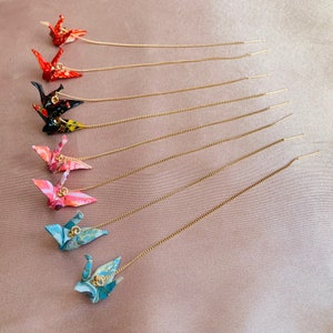 Origami Paper Crane Threader Earrings, Handmade Ear Threaders, the Earrings bring Best Wishes, comes in 10 colors