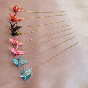 Origami Paper Crane Threader Earrings, Handmade Ear Threaders, the Earrings bring Best Wishes, comes in 10 colors