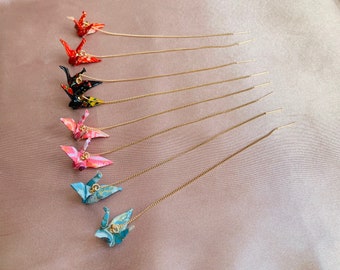 Origami Paper Crane Threader Earrings, Handmade Ear Threaders, the Earrings bring Best Wishes, comes in 10 colors