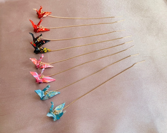 Origami Paper Crane Threader Earrings, Handmade Ear Threaders, the Earrings bring Best Wishes, comes in 10 colors