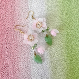 Cherry Blossom White Pink Sakura Flower with Buds and Leaves Japanese Earrings, Handmade Earrings, Aesthetic Earrings, Kawaii Earrings