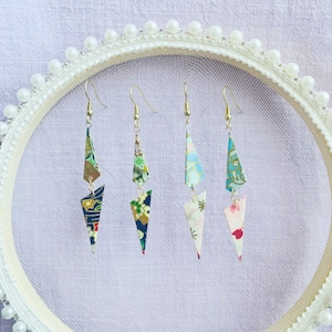 Resin Coated Japanese Origami Blue/Pink/Green Paper Arrows Triangles Dangled Drop Earrings, Handmade Earrings, Paper Earrings