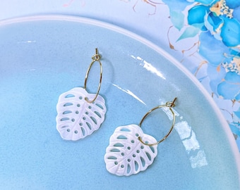 White Monstera Leaf Gold Hoop Earrings, Natural Shell Engraved Earrings, Tropical Plant Jewelry, Minimalist Handmade, Botanical Gift for Her