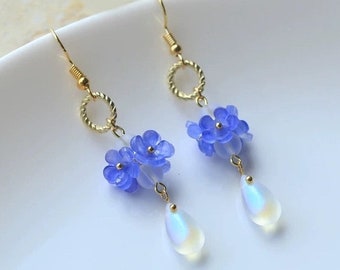 Little Blue Flowers “Forgot Me Not” Dangling Earrings with Crystal Drops, Handmade Earrings, Gift for Her, Bridal Earrings, Something Blue