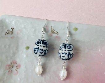 Cute Bird Earrings, Ceramic Blue and White Owl with Natural Pearl Drop Dangled Earrings, Handmade Earrings, Gift for Her, Owl Earring
