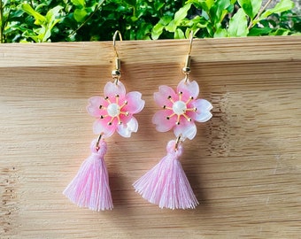 Japanese Cherry Blossom Pink Sakura Flower with Pink Tassels Dangled Drop Earrings,  Handmade Earrings, Aesthetic Earrings, Gift For Her