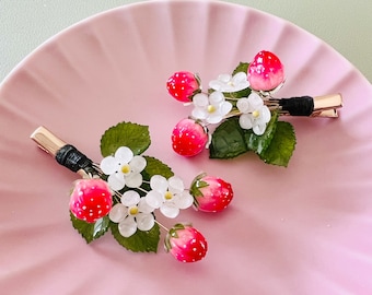 Shrink Plastic Red Strawberry With Flowers and Leaves Cute Hair