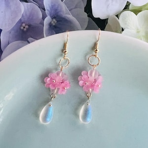 Cute Pink Cherry Blossom Japanese Sakura Flower with Crystal Drops Dangling Earrings, Handmade Earrings, Kawaii Earrings, Gift For Her
