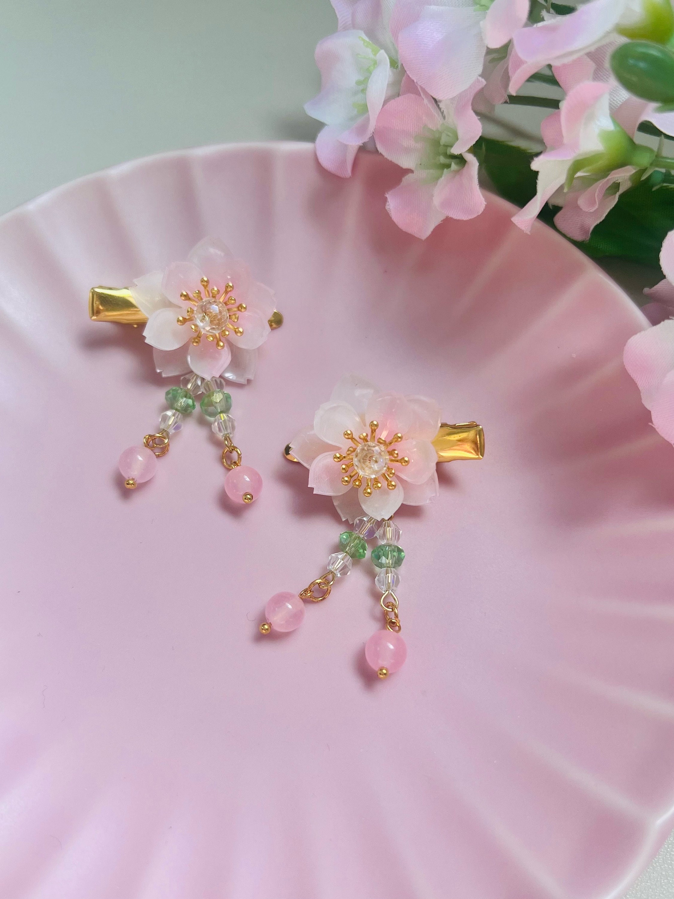 Shrink Plastic Pink Cherry Blossom Sakura Flowers With Crystal