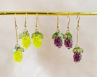 Cute Purple or Green Grapes Earrings with Green Leaves Dangled Drop Hooked Earrings, Handmade Earrings for Fruit Lovers