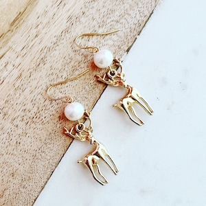 Gold Deer with Fresh Water Pearls Dangled Drop Earrings, Handmade Earrings, Deer Earrings, Moose Earrings, Animal Earrings, Autumn Earrings