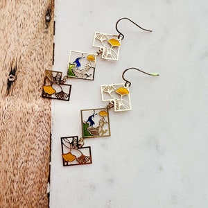 Enamel Deer with Yellow Ginkgo Leaf Dangled Drop Handmade Earrings, Deer Earrings, Animal Earrings, Autumn Earrings, Fall Colors