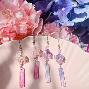 Japanese Wind Chime Furin Glass Pink or Purple Sakura Cherry Blossom Flower Dangling Drop Earrings, Handmade Earrings, Gift for Her