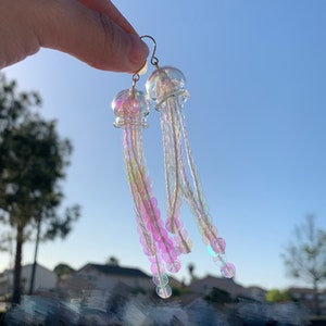 Sun Catching Glass Jellyfish Laser Color Dangled Drop Earrings, Handmade Earrings, For Jellyfish Lovers, Suncatcher Jewelry