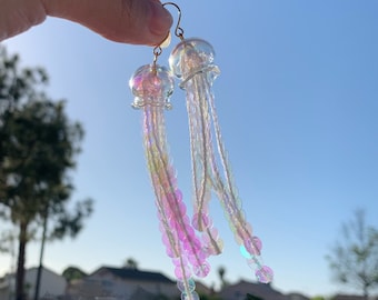 Sun Catching Glass Jellyfish Laser Color Dangled Drop Earrings, Handmade Earrings, For Jellyfish Lovers, Suncatcher Jewelry
