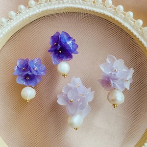 Handmade Resin Pressed Real Blue Purple Pink White Green Hydrangea Flowers with Large Fresh Water Pearls Dangled Drop Stud Earrings