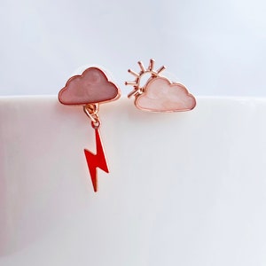 Rose Gold Pink Enamel Clouds, Sun and Lightning Drops S925 Studded Earrings, Handmade Earrings, Fun Weather Earrings
