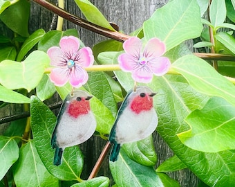 Cute Bird Earrings, Pink Flower Studs with Dangled Bird Drop Earrings, Handmade Earrings, Gift for Her, Gift for Bird Lovers, Flower&Bird