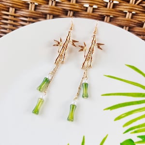 Metal Bamboo with Natural Jade Bamboo Long Dangled Drop Earrings, Handmade Zen Earrings, Zen Garden, Bamboo Earrings