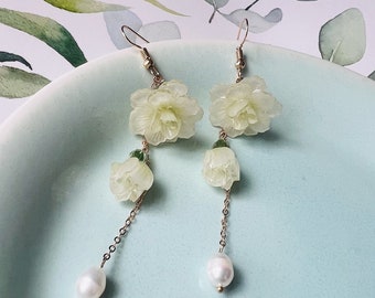 Light Green Jasmine Flower with Flower Buds Fresh Water Pearl Drops Long Dangling Earrings, Handmade Earrings, Jasmine Earrings Gift for Her