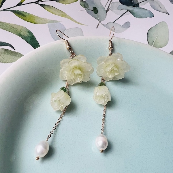 Light Green Jasmine Flower with Flower Buds Fresh Water Pearl Drops Long Dangling Earrings, Handmade Earrings, Jasmine Earrings Gift for Her