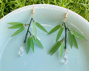 Shrink Plastic Green Bamboo (Adjustable) with Crystal Drop Dangling Earrings, Handmade Earrings, Zen Earrings, Statement Earrings, Zen Gift