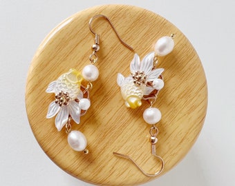 Natural Shell Craved Goldfish Koi Fish Dangled Drop Earrings with Fresh Water Pearls, Fish Lovers Gift, Handmade Earrings