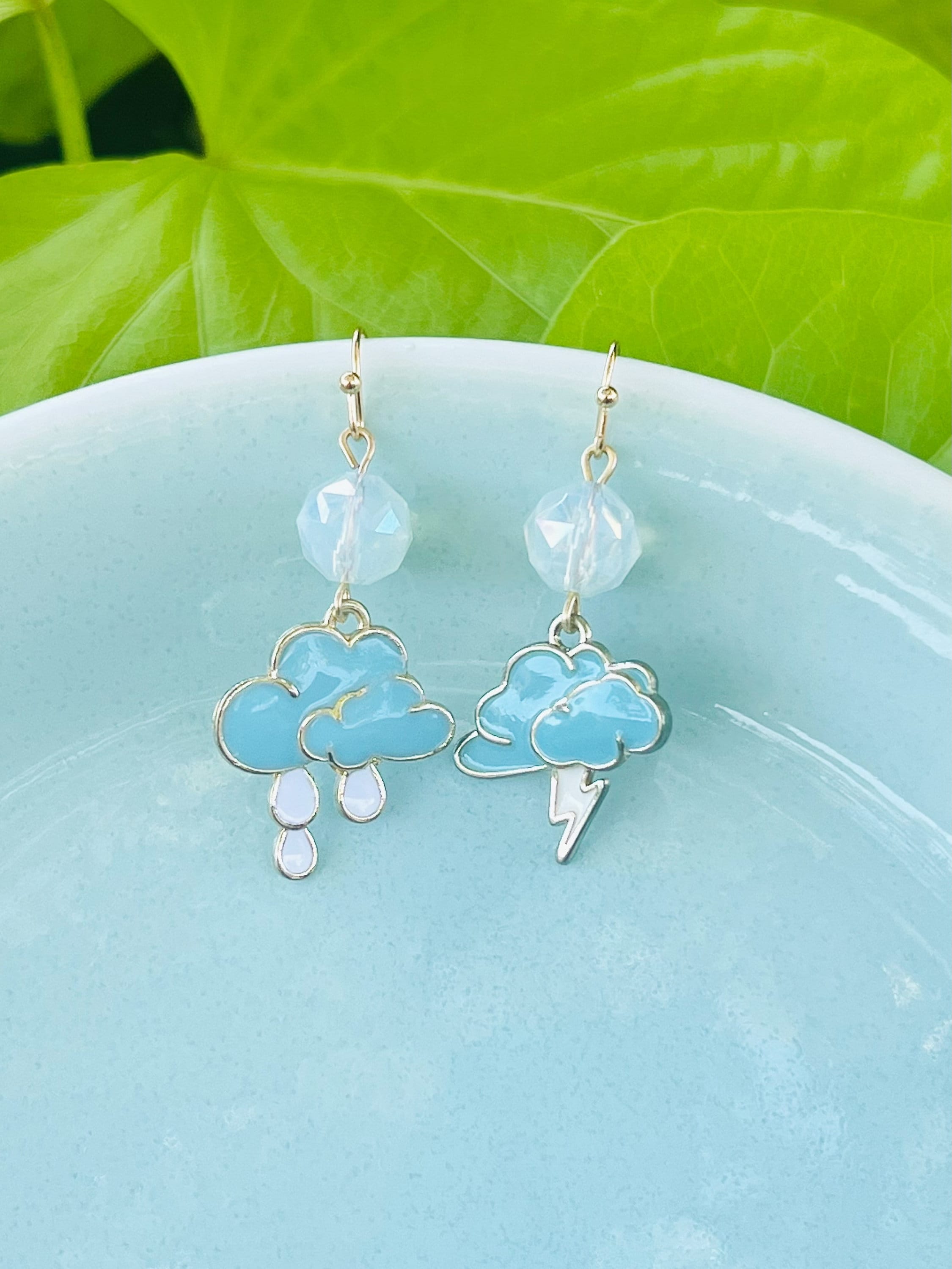 Enamel Blue Cloud With Rain Drops or Lighting Bolts Asymmetrical ...