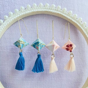 Resin Coated Japanese Origami Pink/Blue Paper Lantern with Tassels Long Dangled Drop Earrings, Handmade Earrings
