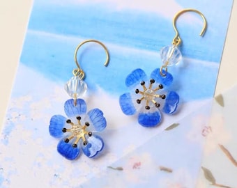 California ”Baby Blue Eyes” Wildflower Shrink Blue Flower w/ Crystal Dangled Drop Earrings, Handmade Earrings, Something Blue, Gift for Her